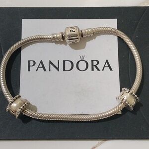 Pandora Sterling Silver 7" Snakechain Starter Bracelet w/2 Beveled Clips 790267